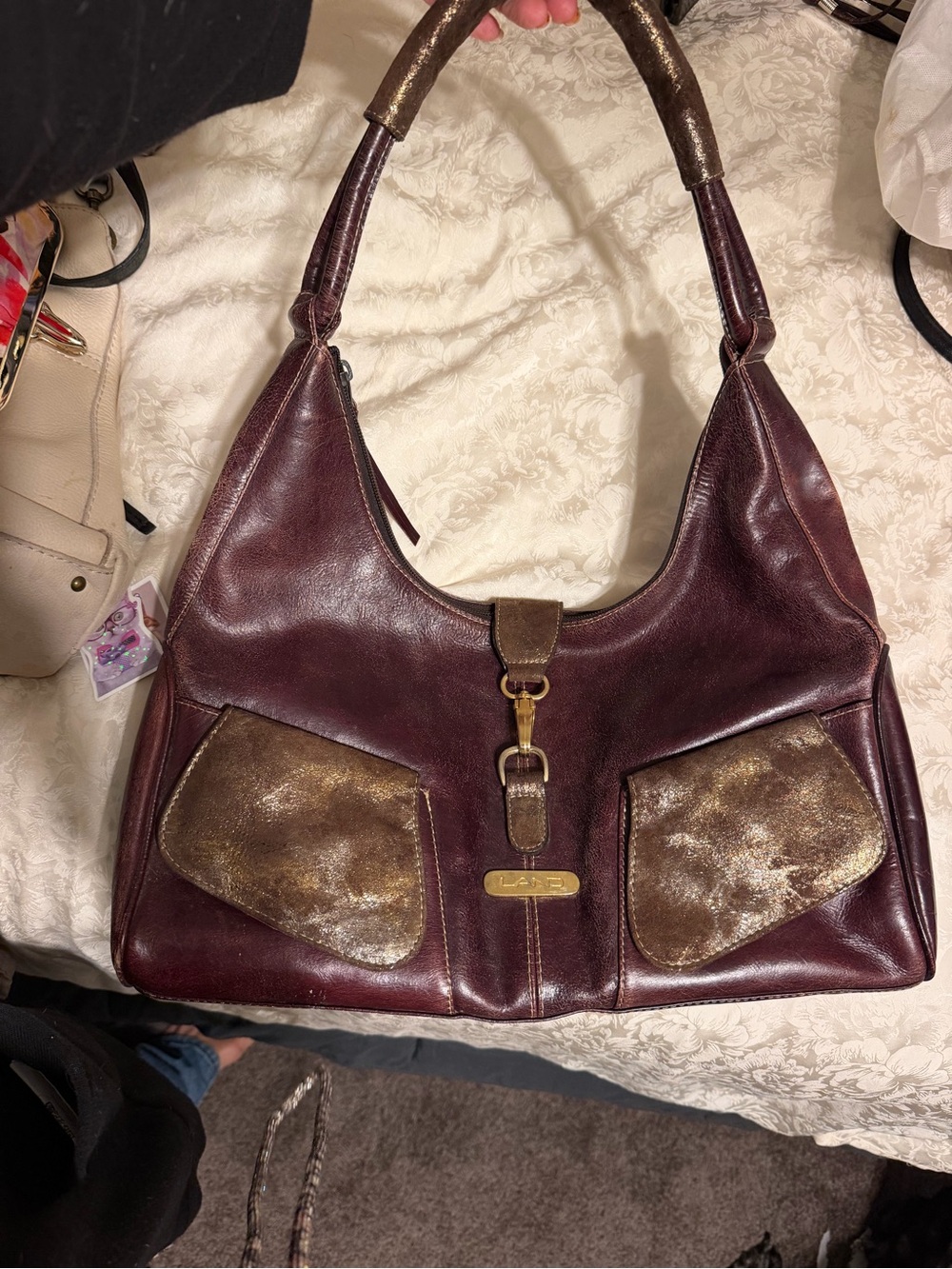 Lands End Metallic Accent Burgundy Leather Shoulder Bag